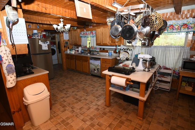 kitchen featuring appliances with stainless steel finishes, wood ceiling, sink, a chandelier, and washer / clothes dryer