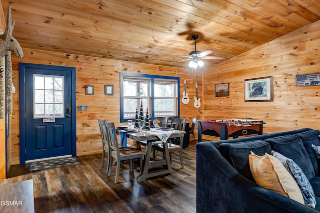 1001 Sunrise Blvd, Sevierville, TN 37862 - dining area with lofted ceiling, wood ceiling, a ceiling fan, and dark wood-style flooring