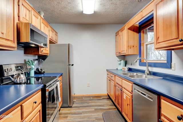 1001 Sunrise Blvd, Sevierville, TN 37862 - kitchen featuring stainless steel appliances, dark countertops, a sink, and light wood-style flooring