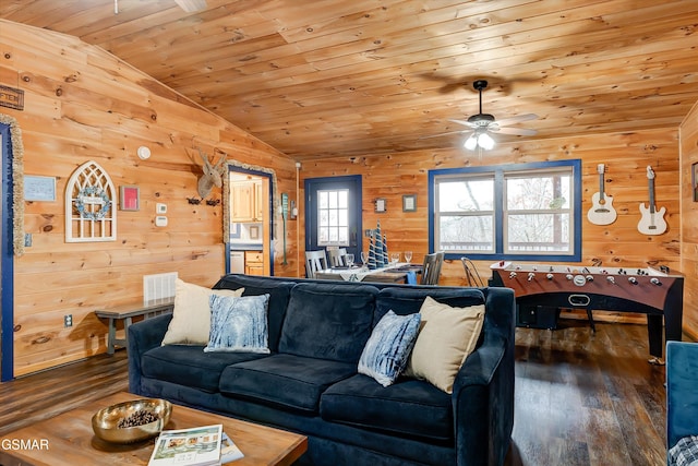 1001 Sunrise Blvd, Sevierville, TN 37862 - living area with visible vents, dark wood-style floors, wood ceiling, vaulted ceiling, and wood walls