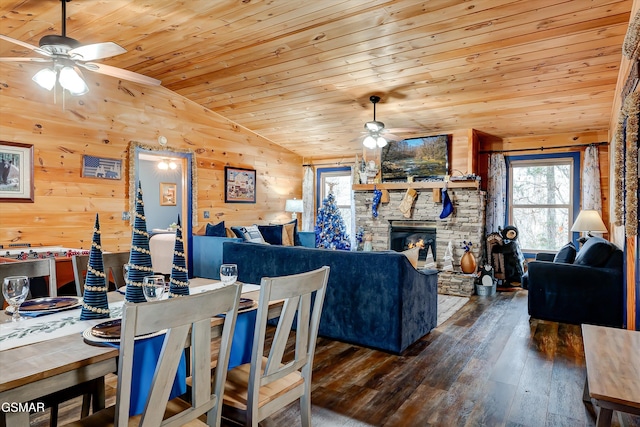 1001 Sunrise Blvd, Sevierville, TN 37862 - dining area featuring wooden ceiling, dark wood-type flooring, vaulted ceiling, a stone fireplace, and wood walls