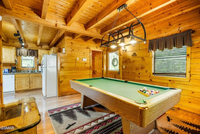 817 Eagle Cove Way, Gatlinburg, TN 37738 - playroom featuring a wood ceiling with exposed beams, wooden walls, light wood-type flooring, and pool table