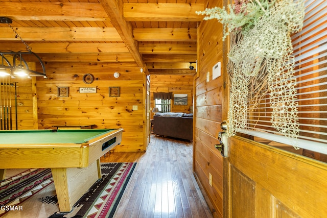 817 Eagle Cove Way, Gatlinburg, TN 37738 - playroom featuring a wooden ceiling with exposed beams, billiards table, hardwood / wood-style flooring, and wooden walls
