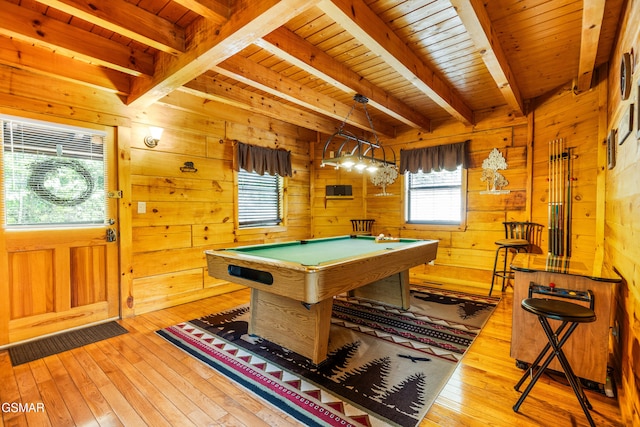 817 Eagle Cove Way, Gatlinburg, TN 37738 - rec room with billiards table, wooden walls, hardwood / wood-style floors, and a wood ceiling with exposed beams