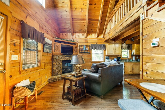817 Eagle Cove Way, Gatlinburg, TN 37738 - living area with wood walls, light wood-style floors, wooden ceiling, and a fireplace