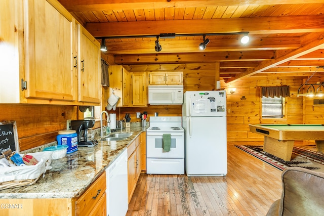 817 Eagle Cove Way, Gatlinburg, TN 37738 - kitchen with white appliances, track lighting, light wood finished floors, wooden walls, and a wooden ceiling with exposed beams