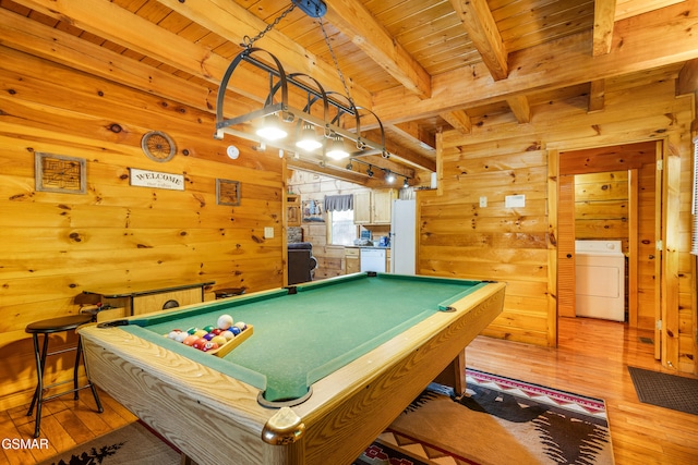 817 Eagle Cove Way, Gatlinburg, TN 37738 - playroom featuring washer / clothes dryer, a wooden ceiling with exposed beams, wood walls, hardwood / wood-style floors, and billiards