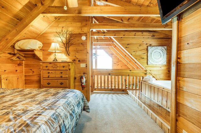 817 Eagle Cove Way, Gatlinburg, TN 37738 - bedroom featuring wooden walls, wood ceiling, and carpet floors
