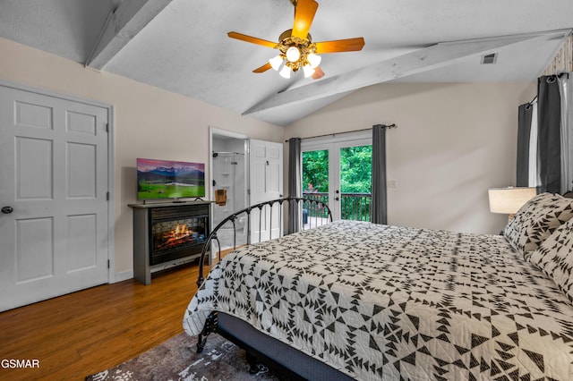 bedroom featuring vaulted ceiling with beams, ceiling fan, access to exterior, and a textured ceiling