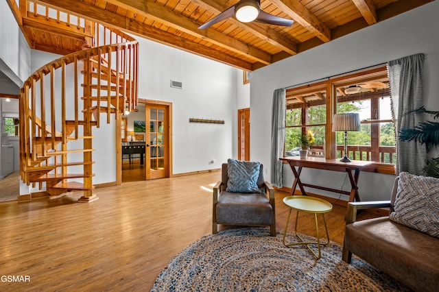 sitting room featuring beamed ceiling, light hardwood / wood-style flooring, plenty of natural light, and wooden ceiling