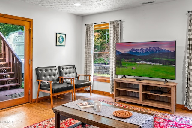 sitting room featuring a wealth of natural light, a textured ceiling, and hardwood / wood-style flooring