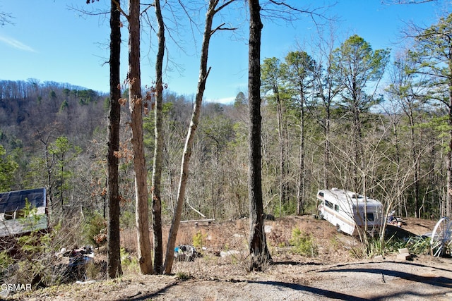 exterior space with a wooded view