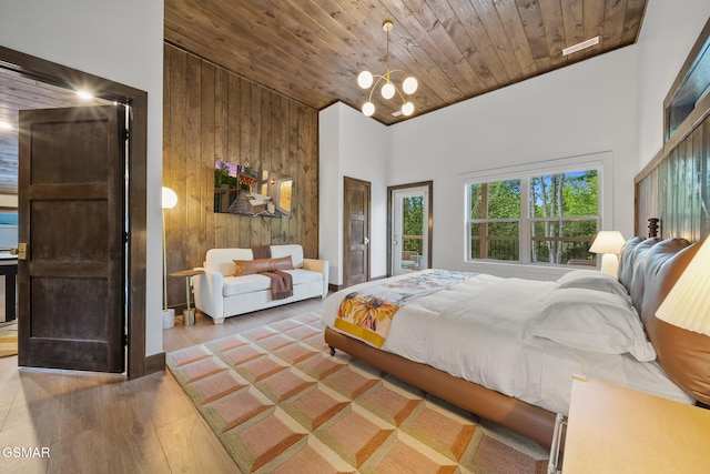 1924 Pine Ct, Sevierville, TN 37876 - bedroom with high vaulted ceiling, wood ceiling, a chandelier, wood finished floors, and wood walls