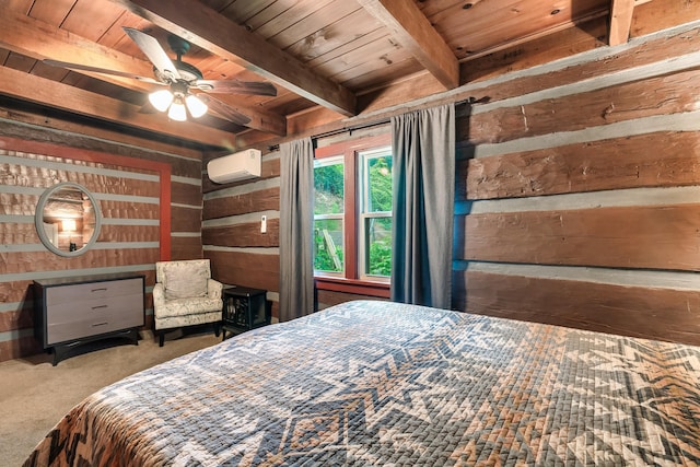 unfurnished bedroom with carpet flooring, beamed ceiling, wooden ceiling, and a wall mounted air conditioner