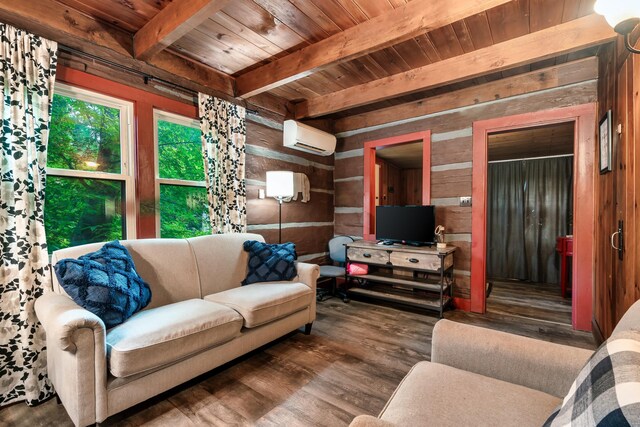 living room with wood walls, beam ceiling, dark hardwood / wood-style flooring, wood ceiling, and a wall unit AC