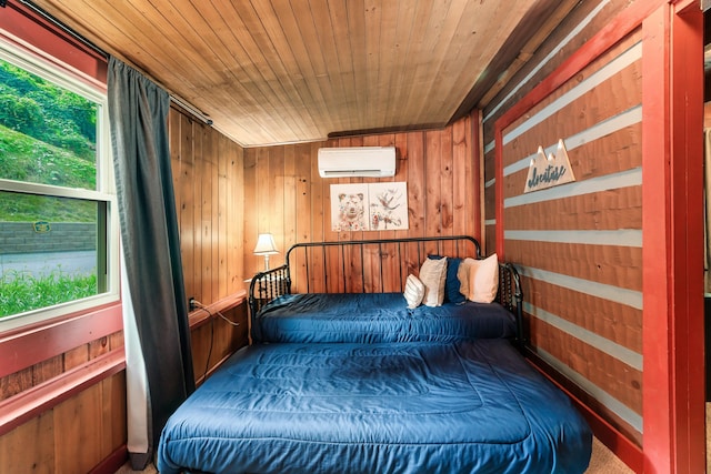 bedroom featuring a wall mounted air conditioner, wood walls, and wooden ceiling