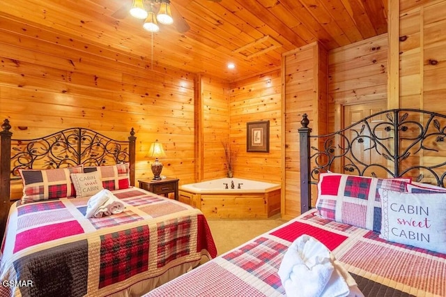 bedroom with light carpet and wood ceiling