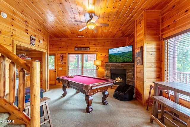 game room featuring carpet, wood ceiling, ceiling fan, billiards, and a fireplace