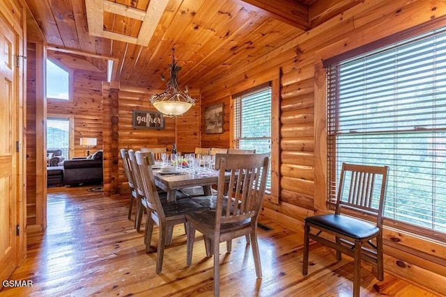 dining area with log walls, hardwood / wood-style flooring, and wooden ceiling