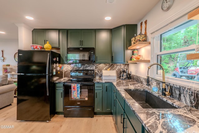 1920 Inskip Ln, Dandridge, TN 37725 - kitchen featuring green cabinets, black appliances, a sink, stone countertops, and recessed lighting