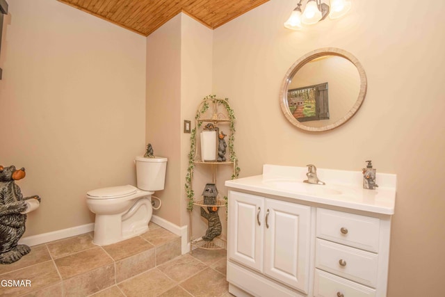 bathroom with wooden ceiling, vanity, toilet, and baseboards