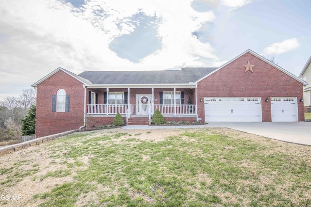 ranch-style home with driveway, covered porch, a front lawn, and brick siding