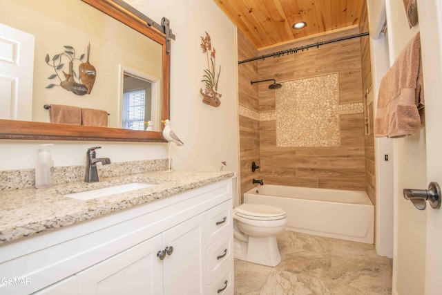 full bath featuring toilet, wood ceiling, washtub / shower combination, and vanity