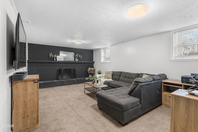 living room with a fireplace, light carpet, and a textured ceiling