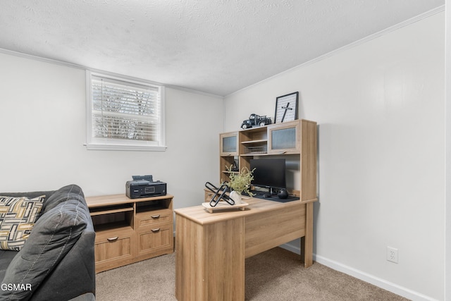 office featuring light colored carpet, a textured ceiling, and ornamental molding