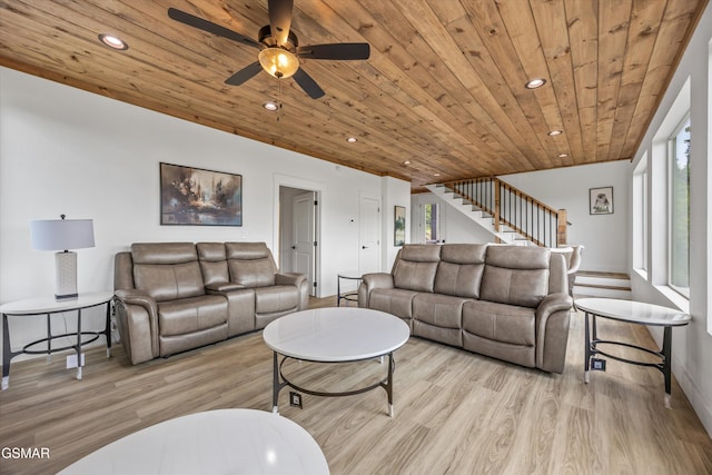284 Laurel Oaks Way, Gatlinburg, TN 37738 - living room featuring recessed lighting, wood ceiling, stairway, light wood-style flooring, and ceiling fan