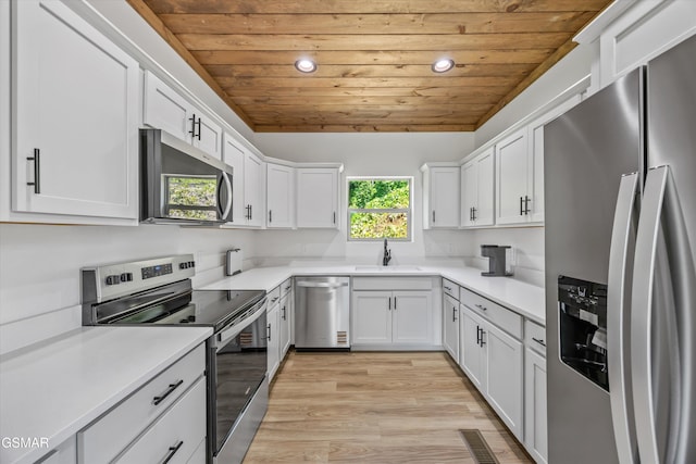 284 Laurel Oaks Way, Gatlinburg, TN 37738 - kitchen featuring stainless steel appliances, wood ceiling, recessed lighting, white cabinetry, and light wood-style floors