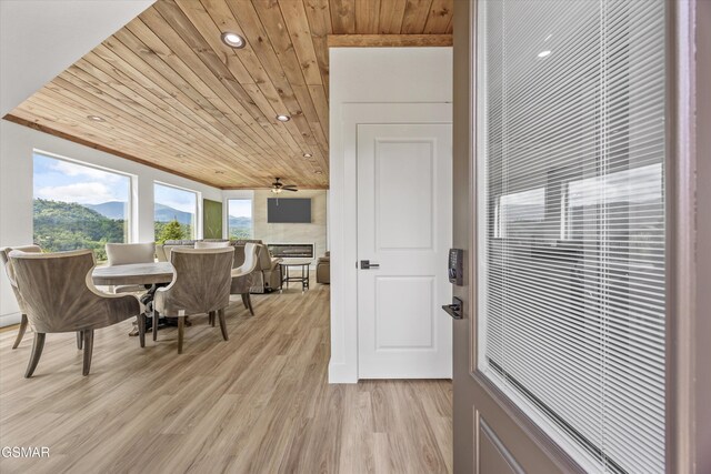 284 Laurel Oaks Way, Gatlinburg, TN 37738 - dining area featuring wood ceiling, light wood finished floors, recessed lighting, a heating unit, and a ceiling fan