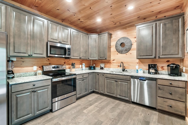 kitchen with wooden ceiling, sink, stainless steel appliances, and wood walls