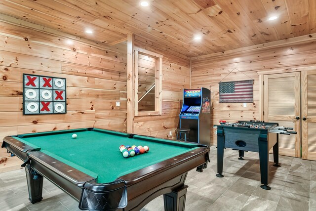 game room featuring wood walls, wood ceiling, and pool table