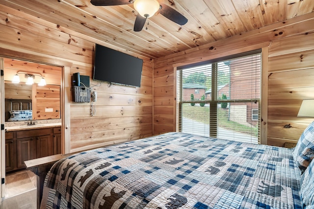 bedroom with ceiling fan, wooden ceiling, ensuite bathroom, and wooden walls