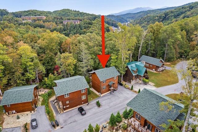 birds eye view of property with a mountain view