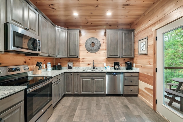 kitchen featuring wood ceiling, wooden walls, sink, and stainless steel appliances