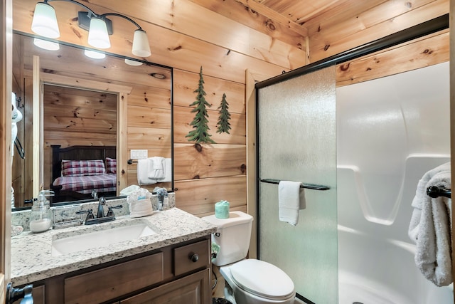 bathroom featuring vanity, wood walls, toilet, walk in shower, and wood ceiling