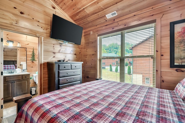 bedroom featuring ensuite bath, vaulted ceiling, wood ceiling, and wood walls