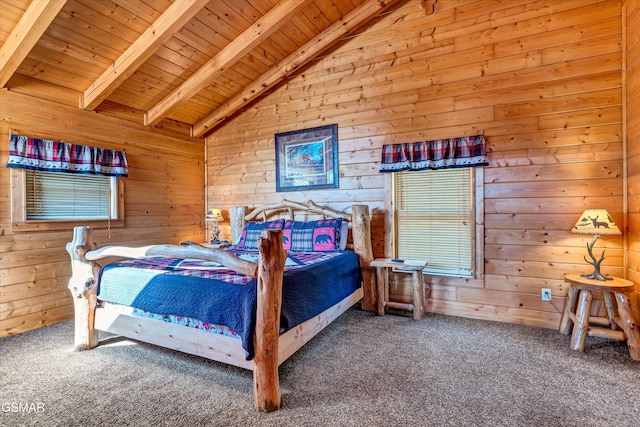 carpeted bedroom featuring vaulted ceiling with beams, wooden walls, and wood ceiling