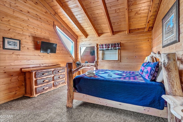 bedroom with carpet flooring, beam ceiling, wood walls, and wooden ceiling