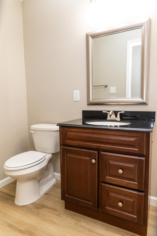 bathroom featuring vanity, wood-type flooring, and toilet