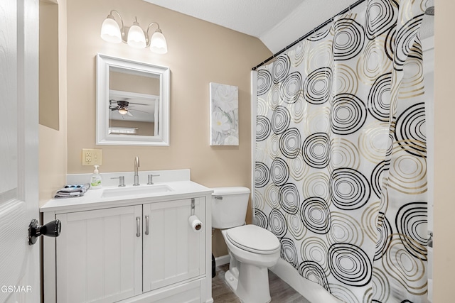 bathroom featuring vanity, lofted ceiling, ceiling fan, and toilet