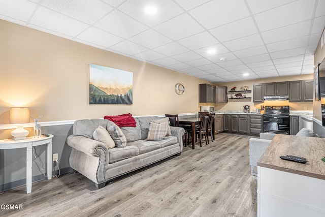 living room featuring a drop ceiling and light wood-type flooring