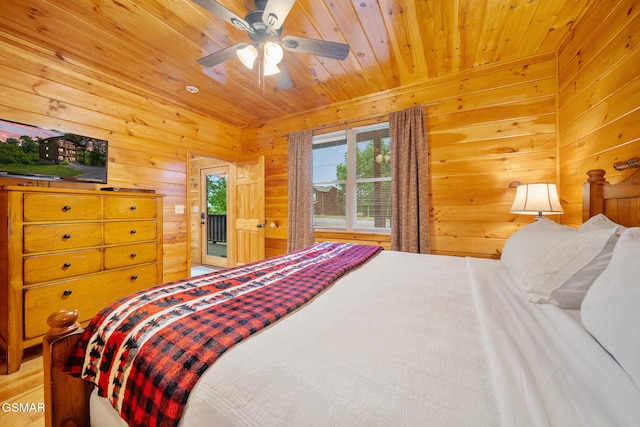 368 Oak Lake Dr, Sevierville, TN 37876 - bedroom with access to exterior, wooden walls, wooden ceiling, light wood finished floors, and ceiling fan