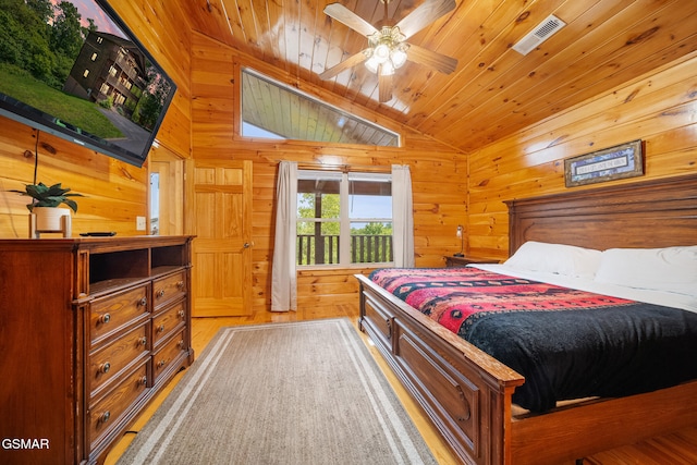 368 Oak Lake Dr, Sevierville, TN 37876 - bedroom with lofted ceiling, wood walls, light wood-style flooring, and wooden ceiling