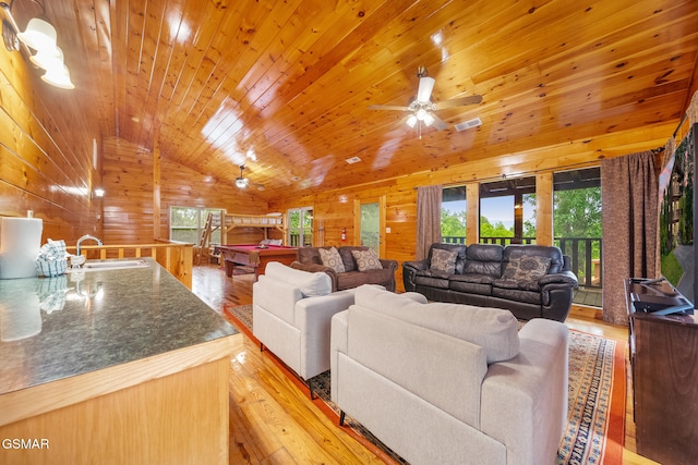 368 Oak Lake Dr, Sevierville, TN 37876 - living room with light wood finished floors, wooden walls, pool table, vaulted ceiling, and wood ceiling