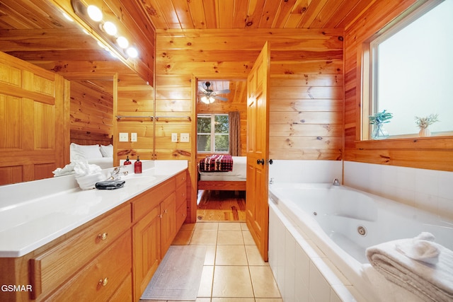 368 Oak Lake Dr, Sevierville, TN 37876 - ensuite bathroom with wooden ceiling, wood walls, tile patterned floors, a whirlpool tub, and vanity