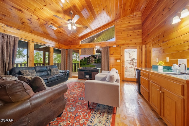 368 Oak Lake Dr, Sevierville, TN 37876 - living area featuring vaulted ceiling, light wood-style flooring, a ceiling fan, wood walls, and wooden ceiling
