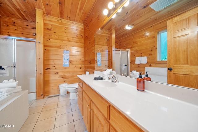368 Oak Lake Dr, Sevierville, TN 37876 - full bathroom featuring a stall shower, wood ceiling, tile patterned flooring, toilet, and wood walls
